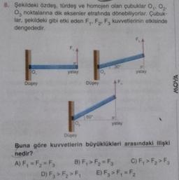 8. Şekildeki özdeş, türdeş ve homojen olan çubuklar O₁, O₂
03 noktalarına dik eksenler etrafında dönebiliyorlar. Çubuk-
lar, şekildeki gibi etki eden F₁, F₂, F3 kuvvetlerinin etkisinde
dengededir.
0₁
Düşey
F₁
yatay
Düşey
60°
D) F3 > F₂ > F₁
0₂
30°
B) F₁ > F₂ = F3
AF,
FRE
yatay
Düşey
Buna göre kuvvetlerin büyüklükleri arasındaki ilişki
nedir?
A) F₁ = F₂ = F3
F₂
yatay
E) F3 > F₁ = F₂
C) F₁ > F₂ > F3
MOYA