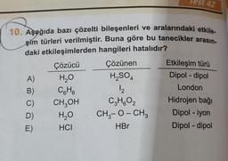 10. Aşağıda bazı çözelti bileşenleri ve aralarındaki etkile-
şim türleri verilmiştir. Buna göre bu tanecikler arasın-
daki etkileşimlerden hangileri hatalıdır?
A)
B)
C)
D)
E)
Çözücü
H₂O
C₂H₂
6
CH₂OH
H₂O
HCI
V
42
Çözünen
H₂SO4
1₂
2
C3H₂O₂
2
CH,− O – CH,
HBr
Etkileşim türü
Dipol-dipol
London
Hidrojen bağı
Dipol - iyon
Dipol-dipol