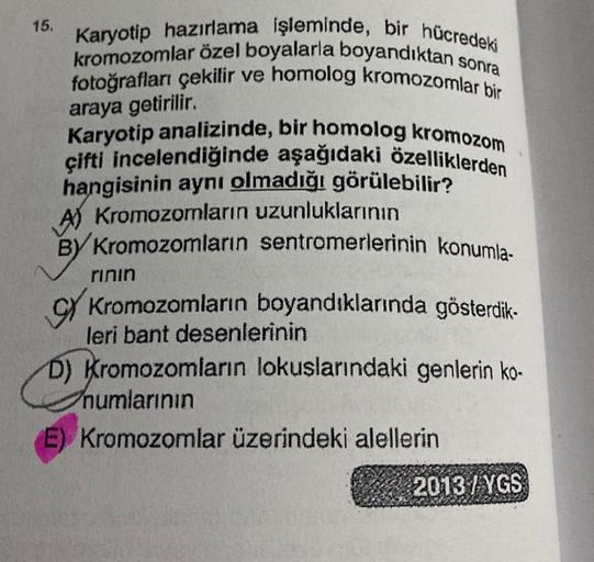 15.
Karyotip hazırlama işleminde, bir hücredeki
kromozomlar özel boyalarla boyandıktan sonra
fotoğrafları çekilir ve homolog kromozomlar bir
araya getirilir.
Karyotip analizinde, bir homolog kromozom
çifti incelendiğinde aşağıdaki özelliklerden
hangisinin