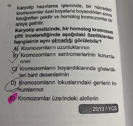 15.
Karyotip hazırlama işleminde, bir hücredeki
kromozomlar özel boyalarla boyandıktan sonra
fotoğrafları çekilir ve homolog kromozomlar bir
araya getirilir.
Karyotip analizinde, bir homolog kromozom
çifti incelendiğinde aşağıdaki özelliklerden
hangisinin 