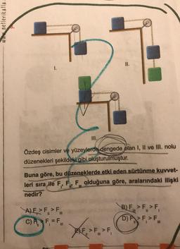 www.netlerikatla.
1.
III.
Özdeş cisimler ve yüzeylerde dengede olan I, II ve III. nolu
düzenekleri şekildeki gibi oluşturulmuştur.
A)E>F> F
|||
Buna göre, bu düzeneklerde etki eden sürtünme kuvvet-
leri sıra ile F, F, F olduğuna göre, aralarındaki ilişki
nedir?
C) F F = F
111
II.
F> F >F
B) F F >F
>
D) P>F> F
11
III