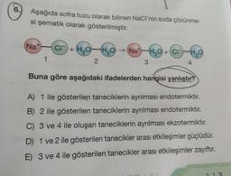 6.
Aşağıda sofra tuzu olarak bilinen NaCI'nin suda çözünme-
si şematik olarak gösterilmiştir.
(Na+) CI+ H₂O H₂O → Na H₂O + Cr
1
2
3
H₂O
OT
4
Buna göre aşağıdaki ifadelerden hangisi yanlıştır?
A) 1 ile gösterilen taneciklerin ayrılması endotermiktir.
B) 2 ile gösterilen taneciklerin ayrılması endotermiktir.
C) 3 ve 4 ile oluşan taneciklerin ayrılması ekzotermiktir.
D) 1 ve 2 ile gösterilen tanecikler arası etkileşimler güçlüdür.
E) 3 ve 4 ile gösterilen tanecikler arası etkileşimler zayıftır.
113