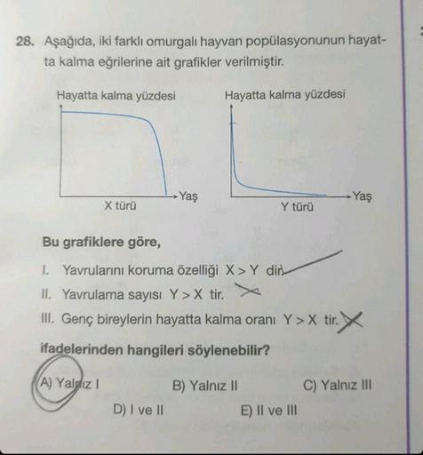 28. Aşağıda, iki farklı omurgalı hayvan popülasyonunun hayat-
ta kalma eğrilerine ait grafikler verilmiştir.
Hayatta kalma yüzdesi
Hayatta kalma yüzdesi
X türü
Yaş
D) I ve II
Y türü
Bu grafiklere göre,
I. Yavrularını koruma özelliği X> Y dir
II. Yavrulama