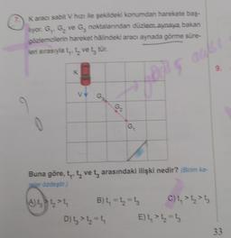 Karacı sabit V hizi ile şekildeki konumdan harekete baş-
bakan
hyor. G₁, G. ve G, noktalarından düzlem aynaya
gözlemcilerin hareket halindeki aracı aynada görme süre-
leri sırasıyla t,, t, ve t, tür.
aus!
K
R
G₂
D) VS=S
G₁
Buna göre, t,, t ve t, arasındaki ilişki nedir? (Birim ka-
reler özdeştir.)
B) 4₂₁ =4₂=5
C) t, vt vt
E)t₁ > t₁ = t
33