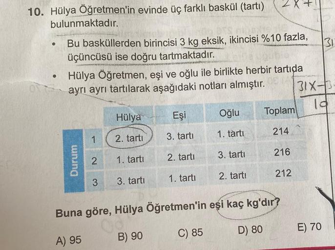 10. Hülya Öğretmen'in evinde üç farklı baskül (tartı)
bulunmaktadır.
●
Hülya Öğretmen, eşi ve oğlu ile birlikte herbir tartıda
O ayrı ayrı tartılarak aşağıdaki notları almıştır.
Bu basküllerden birincisi 3 kg eksik, ikincisi %10 fazla,
üçüncüsü ise doğru t