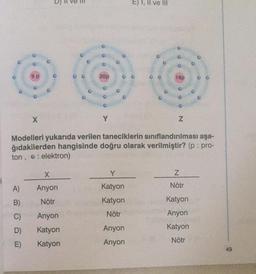 6
9 p
X
A)
B)
C)
D)
E)
X
Anyon
Nötr
00
Anyon
Katyon
Katyon
20p
000
Y
00
E) I, II ve III
Y
Katyon
Katyon
Nötr
Modelleri yukarıda verilen taneciklerin sınıflandırılması aşa-
ğıdakilerden hangisinde doğru olarak verilmiştir? (p: pro-
ton, o: elektron)
Anyon
Anyon
6
18p
000
Z
Z
Nötr
Katyon
Anyon
Katyon
Nötr
49