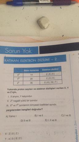 Sorun Yok
KATMAN ELEKTRON DİZİLİMİ - 2
xa
yo
N
Atom numarası
14
20
35
KIET
7/2018 10
X:2)8) 2)
Y: a) b)8)2)
Yukarıda proton sayıları ve elektron dizilişleri verilen X, Y
ve Z için,
D) II ve III
Elektron dizilimi
2) 8) 8)
2) 8) 8)
2)8)18)7)
1. X anyon, Y katyondur.
II. Z negatif yüklü bir iyondur.
III. Xa ve Yb iyonlarının kimyasal özellikleri aynıdır.
yargılarından hangileri doğrudur?
A) Yalnız I
B) I ve II
E) I, II ve III
C) I ve III
(2) 33
Kolaydan > Zora