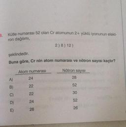 3.
Kütle numarası 52 olan Cr atomunun 2+ yüklü iyonunun elekt-
ron dağılımı,
şeklindedir.
Buna göre, Cr nin atom numarası ve nötron sayısı kaçtır?
A)
B)
C)
D)
E)
Atom numarası
2)8) 12)
24
22
22
24
26
Nötron sayısı
28
52
30
52
26