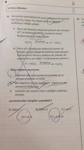 TYT/Fen Bilimleri
19. Hücrelerde karbondioksit ile suyun birleşmesi ile karbonik
asit (H₂CO3) oluşur. Bu bileşik kanin pH değerini
düzenleyici niteliğe sahiptir.
I.
• Kanın pH derecesi arttığında karbonik asit, hidrojen
(H*) ve bikarbonat (HCO) iyonlarına
