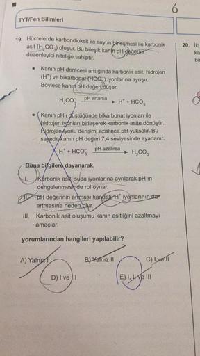 TYT/Fen Bilimleri
19. Hücrelerde karbondioksit ile suyun birleşmesi ile karbonik
asit (H₂CO3) oluşur. Bu bileşik kanin pH değerini
düzenleyici niteliğe sahiptir.
I.
• Kanın pH derecesi arttığında karbonik asit, hidrojen
(H*) ve bikarbonat (HCO) iyonlarına 