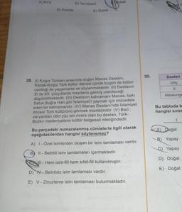 A) Kit'a
D) Kaside
B) Terciibent
E) Gazel
Rubai
28. (1) Kırgız Türkleri arasında doğan Manas Destanı,
Kazak-Kırgız Türk kültür dairesi içinde bugün de bütün
canlılığı ile yaşamakta ve söylenmektedir. (II) Destanın
XI ile XII. yüzyıllarda meydana gelmiş olabileceği
düşünülmektedir. (III) Destanın kahramanı Manas, tıpkı
Satuk Buğra Han gibi İslamiyet'i yaymak için mücadele
eden bir kahramandır. (IV) Manas Destanı'nda İslamiyet
öncesi Türk kültürünü görmek mümkündür. (V) Bazı
varyantları dört yüz bin misra olan bu destan, Türk-
Bozkır medeniyetinin kültür belgeseli niteliğindedir.
Bu parçadaki numaralanmış cümlelerle ilgili olarak
aşağıdakilerden hangisi söylenemez?
A) 1- Özel isimlerden oluşan bir isim tamlaması vardır.
B Il-Belirtili isim tamlamaları içermektedir.
Il-Hem isim-fiil hem sifat-fiil kullanılmıştır.
D) V-Belirtisiz isim tamlaması vardır.
E) V-Zincirleme isim tamlaması bulunmaktadır.
30.
Destan
Göç
11
Nibelunge
Bu tabloda b
hangisi sıras
Doğal
B) Yapay
C) Yapay
D) Doğal
E) Doğal