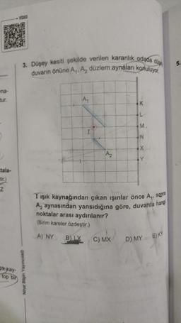 ma-
tur.
tala-
Z
Sikkay-
top bir
3. Düşey kesiti şekilde verilen karanlık odada dug
duvarın önüne A₁, A₂ düzlem aynaları konuluyor.
A₁
A₂
noktalar arası aydınlanır?
(Birim kareler özdeştir.)
A) NY B) LX
K
L
M.
N
T ışık kaynağından çıkan ışınlar önce A,, son
A2 aynasından yansıdığına göre, duvarda hangi
C) MX
Y
D) MY E)KY
5.