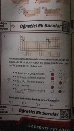 dığın
dayım
4.
dığın
arde
dayım
0
DY
Öğretici Ek Sorular
X
Y
6PM
N
K
Yukarıdaki periyodik sistemde yer alan elementler ile ilgili aşa
ğıdaki etkinlik oluşturulmuştur. Bu etkinlikteki ifadeler doğru
ise "D" yanlış ise "Y" kodlanmıştır.
• M, 6. periyot iç geçiş metalidir.
• Xile K arasında bileşik oluşmaz.
Y ile L, YL, bileşiğini oluşturur.
• T yarı metaldir.
• Z, 11. grupta bulunur ve geçiş
metalidir.
Buna göre kodlamalardan kaç tanesi hatalıdır?
A) 1
B) 2
C) 3
D) 4
Öğretici Ek Sorular
>x>
E) 5
OXD
OVE
otthon
12 DERSTE TYT KİMYA