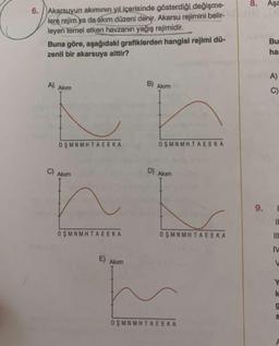 6. Akarsuyun akımının yıl içerisinde gösterdiği değişme-
lere rejim ya da akım düzeni denir. Akarsu rejimini belir-
leyen temel etken havzanın yağış rejimidir.
Buna göre, aşağıdaki grafiklerden hangisi rejimi dü-
zenli bir akarsuya aittir?
A) Akim
OSMNMHTAEEKA
C) Akim
OSMNMHTAEEKA
E) Akım
B) Akım
OSMNMHTAEEKA
D) Akım
OSMNMHTAEEKA
OŞMNMHTAEEKA
8. Aşa
Bu
har
A)
C)
9. I
11
III
IV
W
Y
k
9
S