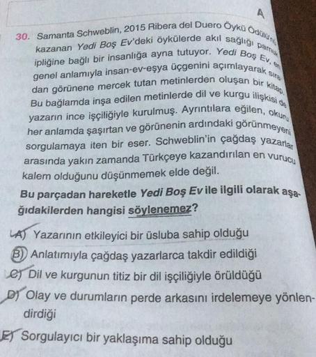 A
30. Samanta Schweblin, 2015 Ribera del Duero Oykü Odülüng
ipliğine bağlı bir insanlığa ayna tutuyor. Yedi Boş Ev, en
kazanan Yedi Boş Ev'deki öykülerde akıl sağlığı pamu
dan görünene mercek tutan metinlerden oluşan bir kitap.
genel anlamıyla insan-ev-eşy