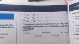 lunan bir elekt-
aşağıdakilerden
na enerjisi
ilgisi
4.
1. X (g) → X²+ + e-
(g)
II. Y(g)
Y + e
(g)
III. Z(aq) → Z(aq) + e-
->>
E₁
E₂
E3
Yukarıda verilen üç olay için gösterilen E₁, E₂ ve E3 (ener
ji) değerlerinden hangileri için 1. iyonlaşma enerjisi değe
ri denilebilir?
A) Yalnız I
D) I ve Il
B) Yalnız II
E) II ve III
C) Yalnız
2. ÜNİTE
7. Elektron
1. Periy
lojen
11.
tepki
III. Gaz
gele
yargıla
A) Yaln