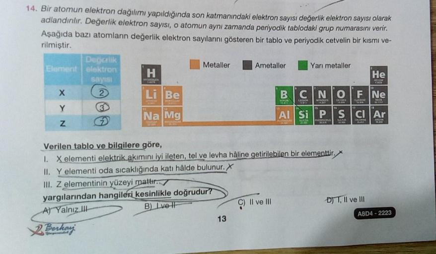 14. Bir atomun elektron dağılımı yapıldığında son katmanındaki elektron sayısı değerlik elektron sayısı olarak
adlandırılır. Değerlik elektron sayısı, o atomun aynı zamanda periyodik tablodaki grup numarasını verir.
Aşağıda bazı atomların değerlik elektron