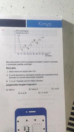 11.
Birinci iyonlaşma
enerjisi (kJ.mol-¹)
X
Y
N
K
L
D) II ve III
M
TEST NO
N
10 11 12 13 14 15 16 17 18 Atom
numarası
Kimya
Bazı elementlerin birinci iyonlaşma enerjileri ve atom numarala-
ri yukarıdaki grafikte verilmiştir.
12
13
14
T
Buna göre,
1. Atom hacmi en büyük olan X tir.
II. Z ve M atomlarının iyonlaşma enerjisi aynı periyotta kendi-
lerinden bir sonraki elementten büyüktür.
III. Y, K ve T tabiatta atomik hâlde kararlıdır.
yargılarından hangileri doğrudur?
A) Yalnız I
B) Yalnız II
P
E) I, II ve III
ABCDE
C) I ve III