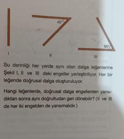 45°
173
||
|||
60%
Su derinliği her yerde aynı olan dalga leğenlerine
Şekil I, II ve III deki engeller yerleştiriliyor. Her bir
leğende doğrusal dalga oluşturuluyor.
Hangi leğenlerde, doğrusal dalga engellerden yansı-
dıktan sonra aynı doğrultudan geri dönebilir? (II ve III
de her iki engelden de yansımalıdır.)