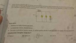 yeni lamba eklenebilecek bir aydınlatma sistemi tasarlanmıştır. Bu tasarımda 6 Voltluk gerilim
olan Tambalar birbirine paralel bağlanmıştır. Tasarımda kullanılan sigortadan 13 Amper ve üzerinde
urumunda sigorta eriyecektir.
6,0 V
Sigorta
www
Buna göre;
+ Sisteme en fazla 8 lamba takılabilir.
FII Lambalardan birinin direnci 402'dur.
III. Devreye 4 dördüncü lamba olarak 12 volt'luk gerilim altında 9 watt güç çeken bir lamba takilinsa sigona ad
yargılarından hangileri doğrudur?
A) Yalnız I
B) Yalnız II
Cyl ve Il
D) I ve Ill
E) 1, ve