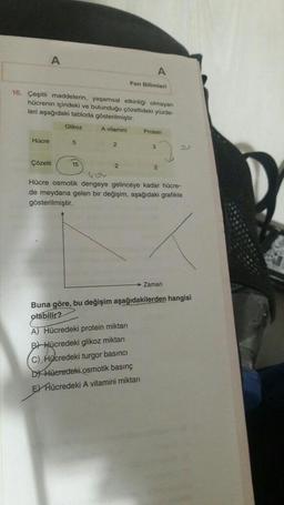 A
16. Çeşitli maddelerin, yaşamsal
Hücre
etkinliği olmayan
hücrenin içindeki ve bulunduğu çözeltideki yüzde-
leri aşağıdaki tabloda gösterilmiştir.
Glikoz
A vitamini
Çözelti
5
15
2
A
Fen Bilimleri
2
Protein
3
A) Hücredeki protein miktarı
BHücredeki glikoz miktarı
C) Hücredeki turgor basıncı
D) Hücredeki osmotik basınç
E) Hücredeki A vitamini miktarı
2
313
133
Hücre osmotik dengeye gelinceye kadar hücre-
de meydana gelen bir değişim, aşağıdaki grafikte
gösterilmiştir.
→→ Zaman
Buna göre, bu değişim aşağıdakilerden hangisi
olabilir?