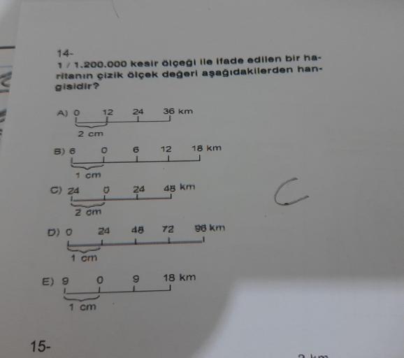 14-
1/ 1.200.000 kesir ölçeği ile ifade edilen bir ha-
ritanın çizik ölçek değeri aşağıdakilerden han-
gisidir?
A) O
B) 6
15-
D) 0
C) 24
E) 9
2 cm
1 cm
2 cm
1 cm
12
1 cm
0
0
1)
24
1
6
1
24
1
48
36 km
12
1
18 km
48 km
72
98 km
18 km
C