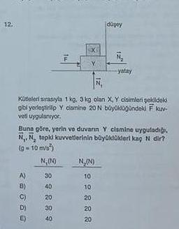 12.
Kübeleri sırasıyla 1 kg, 3 kg olan X, Y cisimleri şekildeki
gibi yerleştirilip Y clamine 20 N büyüklüğündeki F kuv-
voti uygulanıyor.
A)
(B)
Buna göre, yerin ve duvarın Y cismine uyguladığı,
N₁, N, tepki kuvvetlerinin büyüklükleri kag N dir?
(9-10 m/s²)
N, (N)
C)
D)
E)
30
8 8 8 8 8
40
20
40
N₂(N)
10
22888
10
20
düşey
20
-yatay
20