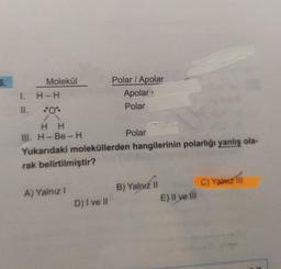 6.
I.
II.
Molekül
H-H
HH
III. H-Be-H
Yukarıdaki moleküllerden hangilerinin polarlığı yanlış ola-
rak belirtilmiştir?
A) Yalnız I
Polar / Apolar
Apolar
Polar
D) I ve II
Polar
B) Yalnız II
E) Il ve il
C) Yalnız III