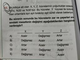 post nabnnelige
12. Bir bitkiye ait olan X, Y, Z hücrelerinin yoğunlukları sırasıyla
10, %20 ve %30'dur. Bu hücreler Y hücresi ile izotonik
olan ortamlara ayrı ayrı bırakılıp eşit süreli olarak bekleniyor.
Bu sürenin sonunda bu hücrelerin zar ve çeperleri ara-
sındaki mesafenin değişimi aşağıdakilerden hangisinde
verilmiştir?
A)
B)
C)
D)
E)
X
Azalır
Değişmez
Artar
Artar
Değişmez
Y
Değişmez
Azalır
Azalır
Değişmez
Artar
Za
Artar 10
Artar Intolom
Değişmezob
Azalır
Azalır