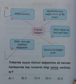 13.
1
3
Kütle korunur.
Şekil, renk gibi
özellikler
değişebilir.
Fiziksel
Değişim
tir?
A) 1 B) 2
2
4
Moleküllerarası
bağlar kırılır ya
oluşur.
5
da
C) 3 D) 4
Atom sayısı ve
türü aynı kalır.
Molekül içi bağlar
kırılır.
Yukarıda suyun fiziksel değişimine ait kavram
haritasında kaç numaralı bilgi yanlış verilmiş-
E) 5