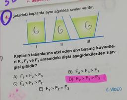 4. Şekildeki kaplarda aynı ağırlıkta sıvılar vardır.
6
||
|
Kapların tabanlarına etki eden sivi basınç kuvvetle-
ri F₁, F₂ ve F3 arasındaki ilişki aşağıdakilerden han-
gisi gibidir?
A) F₁ > F₂ > F3
C) F3 > F₁ > F₂
B)
F₂ > F3 > F₁
D) F₂ > F₁ > F3
E) F₁ > F₂ = F3
6. VIDEO