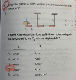 2. Türdeş bir çubuk X cismi ve ipler yardımı ile şekildeki gibi
dengededir.
T₁₁
K
A) Artar
B)
Artar
C) Azalır
D) Azalır
E) Artar
X
L
T₁
1
X cismi K noktasından L'ye getirilirken iplerdeki geril-
me kuvvetleri T₁ ve T₂ için ne söylenebilir?
T₂
Artar
Azalır
Azalır
Artar
T₂
2
aibat
Değişmez
P.3=
P.2=
Hüvöd ninjayyid
00800 :S\EV = 0ânia)
a (A