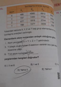 14.
Atom
Y
T
E₁
495
737
577
786
lyonlaşma enerjisi (kj/mol)
Ę₂
E₂
4565
6912
1450
7732
1816
2744
1577
3229
Yukandaki tabloda X, Y, Z ve T baş grup elementlerinin
iyonlaşma enerjileri verilmiştir.
A) I, II ve III
Elementlerin atom numaraları ardışık olduğuna göre
1. Atom yarıçaplan X>Y>Z> T şeklindedir.
II. Y bileşik oluştururken 2 elektron vererek soy gaz ele
düzenine ulaşır.
III. T'nin atom numarası 14 tür.
yargılarından hangileri doğrudur?
D) Yalnız II
B) I ve II
FEN
E) Yalnız I
16. H
C)