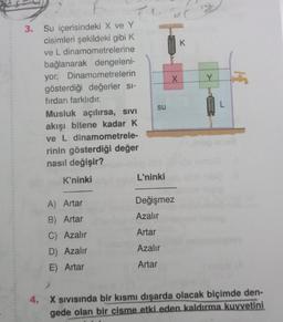 3. Su içerisindeki X ve Y
cisimleri şekildeki gibi K
ve L dinamometrelerine
bağlanarak dengeleni-
yor. Dinamometrelerin
gösterdiği değerler sı-
fırdan farklıdır.
Musluk açılırsa, sivi
akışı bitene kadar K
ve L dinamometrele-
rinin gösterdiği değer
nasıl değişir?
K'ninki
A) Artar
B) Artar
C) Azalır
D) Azalır
E) Artar
su
L'ninki
X
Değişmez
Azalır
Artar
Azalır
Artar
K
Y....
4. X SIVISında bir kısmı dışarda olacak biçimde den-
gede olan bir cisme etki eden kaldırma kuvvetini