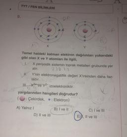 9.
TYT/FEN BİLİMLERİ
An
X
Temel haldeki katman elektron dağılımları yukarıdaki
gibi olan X ve Y atomları ile ilgili,
VI.
on
X periyodik sistemin toprak metalleri grubunda yer
alır.
21812
A) Yalnız I
II. Y'nin elektronegatiflik değeri X'inkinden daha faz-
ladır.
III X3+ve Y2-izoelektroniktir.
12.
2
yargılarından hangileri doğrudur?
: Çekirdek, : Elektron)
B) I ve II
D) II ve III
C) I ve III
E) I, II ve III