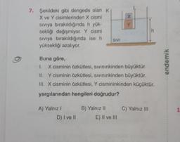 6)
7. Şekildeki gibi dengede olan K
X ve Y cisimlerinden X cismi
Sıvıya bırakıldığında h yük-
sekliği değişmiyor. Y cismi
sıvıya bırakıldığında ise h
yüksekliği azalıyor.
A) Yalnız I
D) I ve II
SIVI
B) Yalnız II
Buna göre,
1.
X cisminin özkütlesi, sıvınınkinden büyüktür.
II. Y cisminin özkütlesi, sıvınınkinden büyüktür.
III. X cisminin özkütlesi, Y cismininkinden küçüktür.
yargılarından hangileri doğrudur?
X
E) II ve III
Y
h
C) Yalnız III
endemik
1