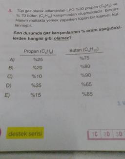 8.
Tüp gaz olarak adlandırılan LPG %30 propan (C₂H) ve
% 70 bütan (C₂H₁0) karışımından oluşmaktadır. Binnaz
Hanim mutfakta yemek yaparken tüpün bir kısmını kul-
lanmıştır.
Son durumda gaz karışımlarının % oranı aşağıdaki-
lerden hangisi gibi olamaz?
A)
B)
C)
D)
E)
Propan (C₂H₂)
%25
%20
%10
%35
%15
destek serisi
Bütan (C₂H₁0)
%75
%80
%90
%65
%85
3. V
1C 2D 3D