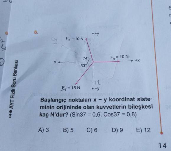 ...AYT Fizik Soru Bankası
6.
F₂ = 10 N
74°
A) 3
53°
+y
12
F = 15 N
Başlangıç noktaları x
-
F3 = 10 N
+X
bleblis@
y koordinat siste-
minin orijininde olan kuvvetlerin bileşkesi
kaç N'dur? (Sin37 = 0,6, Cos37 = 0,8)
B) 5 C) 6 D) 9 E) 12
14