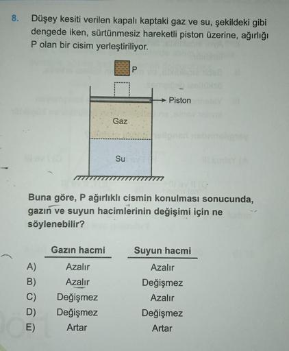 8. Düşey kesiti verilen kapalı kaptaki gaz ve su, şekildeki gibi
dengede iken, sürtünmesiz hareketli piston üzerine, ağırlığı
P olan bir cisim yerleştiriliyor.
A)
B)
C)
D)
DO E)
Gazın hacmi
Gaz
Azalır
Azalır
Değişmez
Değişmez
Artar
Su
P
Buna göre, P ağırlı