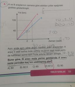 4.A ve B araçlarının zamana göre aldıkları yollar aşağıdaki
grafikte gösterilmiştir.
Yol (km)
105
40
2
B
B
150=3. U
Also-
200
273 = 20
Zaman (saat)
3
80 + 20 =10s
Aynı anda aynı yöne doğru hareket eden araçlardan A
aracı 4 saat sonra mola vermiş ve yarım saat mola yerin-
de kaldıktan sonra aynı hızla yoluna devam etmiştir. S$25
636
L
Buna göre, B aracı mola yerine geldiğinde A aracı
mola yerinden kaç km uzaklaşmış olur?
A) 80
B) 82,5
C) 85
D) 87,5
E) 90
TÜMLER YAYINLARI 133