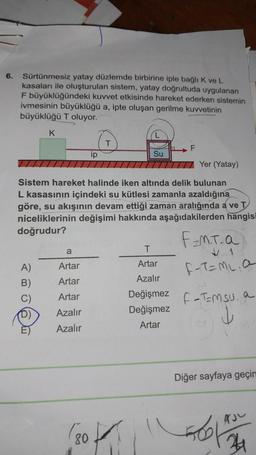 6. Sürtünmesiz yatay düzlemde birbirine iple bağlı K ve L
kasaları ile oluşturulan sistem, yatay doğrultuda uygulanan
F büyüklüğündeki kuvvet etkisinde hareket ederken sistemin
ivmesinin büyüklüğü a, ipte oluşan gerilme kuvvetinin
büyüklüğü T oluyor.
K
A)
B)
C)
ip
a
Artar
Artar
Artar
Azalır
Azalır
T
L
Yer (Yatay)
Sistem hareket halinde iken altında delik bulunan
L kasasının içindeki su kütlesi zamanla azaldığına
göre, su akışının devam ettiği zaman aralığında a ve T
niceliklerinin değişimi hakkında aşağıdakilerden hangisi
doğrudur?
(ook
80
Su
F
F₂M.T.a
F-T=M₂₁. a
T
Artar
Azalır
Değişmez TMSU. a
Değişmez
J
Artar
1
TASU
Diğer sayfaya geçin
430
Goof
34