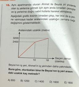 16. Ayni apartmanda oturan Ahmet ile Beyza zıt yönlerde
olan iş yerlerine gitmek için aynı anda binadan çıkmışlar
ve iş yerlerine doğru sabit hızlarla hareket etmişlerdir.
Aşağıdaki grafik ikisinin binadan çıkıp, her ikisi de iş yeri-
ne varıncaya kadar aralarındaki uzaklığın zamana bağlı
değişimini göstermektedir.
Aralarındaki uzaklık (metre)
3200
2400
10
18
Geçen zaman
(dakika)
Beyza'nın iş yeri, Ahmet'in iş yerinden daha yakındadır.
Buna göre, oturdukları bina ile Beyza'nın iş yeri arasın-
daki uzaklık kaç metredir?
A) 800 B) 1200
C) 1400 D) 1600
E) 1800