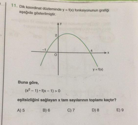 11. Dik koordinat düzleminde y = f(x) fonksiyonunun grafiği
aşağıda gösterilmiştir.
Buna göre,
2
O
4
C) 7
y = f(x)
(x²-1)-f(x-1) >0
eşitsizliğini sağlayan x tam sayılarının toplamı kaçtır?
A) 5
B) 6
D) 8
E) 9