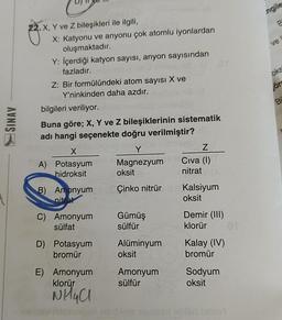 SINAV
X, Y ve Z bileşikleri ile ilgili,
X: Katyonu ve anyonu çok atomlu iyonlardan
oluşmaktadır.
Y: İçerdiği katyon sayısı, anyon sayısından
fazladır.
Z: Bir formülündeki atom sayısı X ve
Y'ninkinden daha azdır.
bilgileri veriliyor.
Buna göre; X, Y ve Z bileşiklerinin sistematik
adı hangi seçenekte doğru verilmiştir?
X
A) Potasyum
hidroksit
B) Amonyum
nitrat
C) Amonyum
sülfat
D) Potasyum
bromür
E) Amonyum
klorür
NH₂Cl
Y
and Magnezyum
oksit
Çinko nitrür
Gümüş
sülfür
Alüminyum
oksit
Amonyum
sülfür
Z
Civa (1)
nitrat
Kalsiyum
oksit
Demir (III)
klorür
Kalay (IV)
bromür
Sodyum
oksit
ar
ngile
B
ve l
oks
ör
Bi