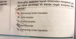 dzol top-
ngisinde
Buna göre, aşağıdaki toprak türlerinden hangisinin yay.
gın olarak görüldüğü bir alanda rüzgâr erozyonu daha
etkilidir?
Kahverengi bozkır toprakları
B Terra rossalar
Podzol topraklar
Çernezyomlar
E Kahverengi orman toprakları