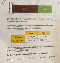 /2.)
Ilgaz
Ilgin
Toprak
DAI/201
Şekilde gösterilen yürüyüş parkurunun ü toprak zemin, ka-
lan kısmı ise çim zemindir.
3
Çim Zemin
Toprak Zemin
Çim
Ilgaz ve Ilgın'ın toprak zemindeki ve çim zemindeki ortalama yü
rüme hızları aşağıdaki tabloda gösterilmistir.
Ilgaz
300 m/dk
250 m/dk
Ilgin
250 m/dk
200 m/dk
Parkur'un başından sonuna bir turluk yürüyüşü llgaz, Ilgın'dan
108 saniye önce bitirmiştir.
Buna göre, parkurun toplam uzunluğu kaç metredir?
A) 3000
B) 2400
C) 2250
D) 2025
E) 1800
4.