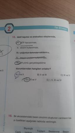 X
we ll
Prf Yayınları
2
15. Aktif taşıma ve endositoz olaylarında,
ATP harcanması,
II. enzim kullanılması,
III. yoğunluk farkından etkilenme,
IV. taşıyıcı protein kullanılması,
çift yönlü gerçekleşebilme
durumlarından hangileri ortaktır?
(A) Ive II
B) II ve III
1.
D) III ve V
Canlı
Fen Bilimleri
Biyolojik
birikim
16. Bir ekosistemdeki besin zincirini oluşturan canlıların ba-
zı özellikleri aşağıdaki tabloda verilmiştir.
C) III ve IV
E) I, II, III ve IV
Toplam Beslenme
Besin
E