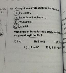 in 6n,
dir.
in u
eril-
10. Ökaryot yapılı fotosentetik bir hücrede,
1. kloroplast,
II. endoplazmik retikulum,
III. mitokondri,
IV çekirdek
nu gerçekleştirilebilir?
A) I ve II
yapılarından hangilerinde DNA replikasyonu
B) II ve III
D) I, III ve IV
Nükleik
gen
ger
E) I, II, III ve N
yapıla
C) I, II ve ants
tir?
All-