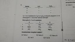 5
8.
>
Madde
X
Y
Z
I.
II.
III.
X, Y ve Z maddelerinin H₂O ve C6H6 sıvılarında çözünme (+) ve
çözünmeme (-) durumları tabloda verilmiştir.
Buna göre X, Y ve Z maddeleri,
X
Y
KCI
NH3
CO₂
örneklerinden hangileri olabilir?
B) Yalnız II
12
NaCl
HCI
H₂O
+
A) Yalnız I
+
D) I ve II
C6H6
Z
CH₂OH
CCI4
MgCl,
E) II ve III
C) Yalnız III
/benimhocam
III.
karışımlarındar
A) Yalnız I
D) L
11. X, Y ve Z