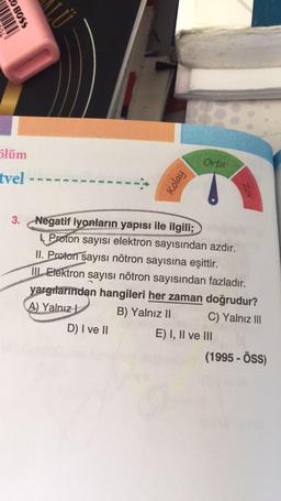 O BOSS
ölüm
tvel
3.
Kolay
Orta
Negatif iyonların yapısı ile ilgili;
Proton sayısı elektron sayısından azdır.
II. Proton sayısı nötron sayısına eşittir.
D) I ve II
III Elektron sayısı nötron sayısından fazladır.
yargılarından hangileri her zaman doğrudur?
A) Yalnız
B) Yalnız II
C) Yalnız III
Zor
E) I, II ve III
(1995-ÖSS)